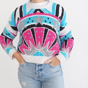 Bebe Plus Teal Pink Sun & Stars Geometric Knit Cropped Crewneck Sweater M